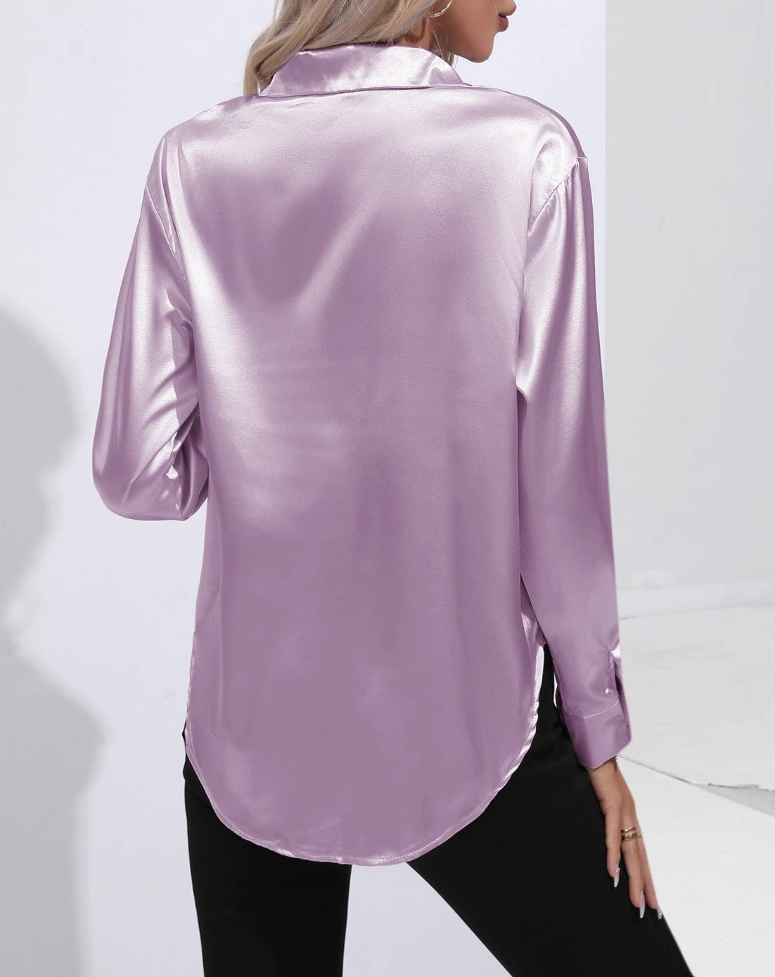 HIDDENBRAND - Wholesale Button Down Shirt - Women's - Satin Faux Silk Long-Sleeved Shirt29