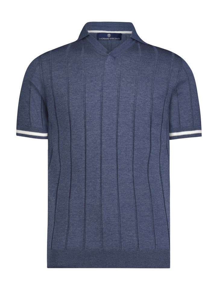 Melange Indigo with White Trim Indented Stripe Short Sleeve Knit Polo for wholesale by Luchiano Visconti