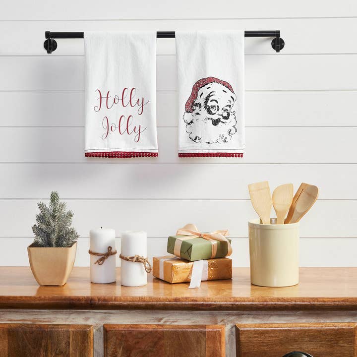 VHC Brands - Wholesale Tea Towel - Kringle Chenille Holly Jolly White Muslin Tea Towel Set of 2 19x28