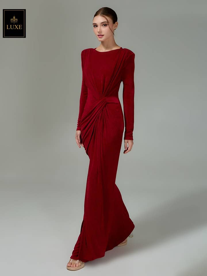 Round Neck Long Sleeve Maxi Dress Waisted Pleats And Twist Knot for wholesale by AlexyDesings