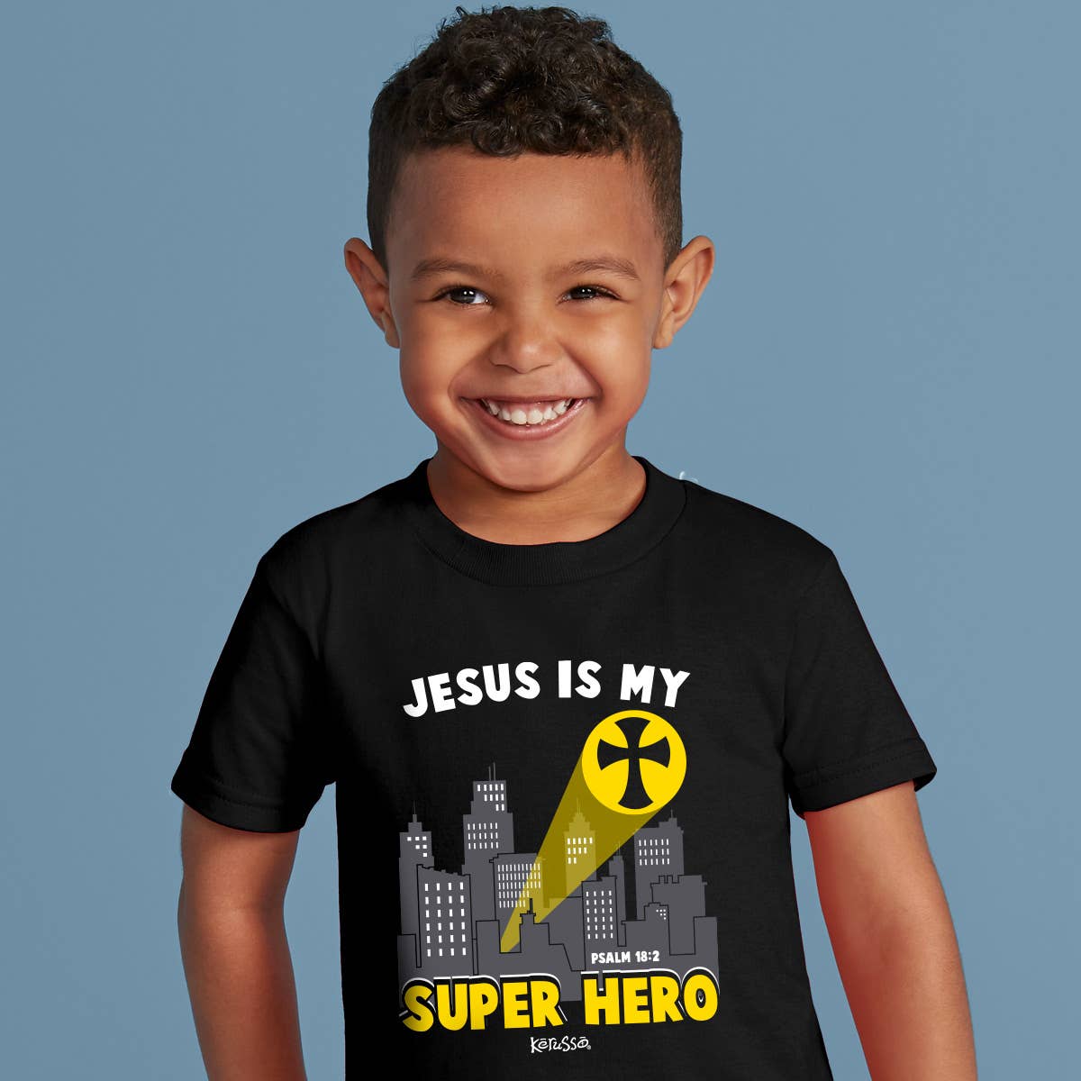 Noir T-shirt Kerusso Jesus Super Hero pour enfant en vente sur Faire