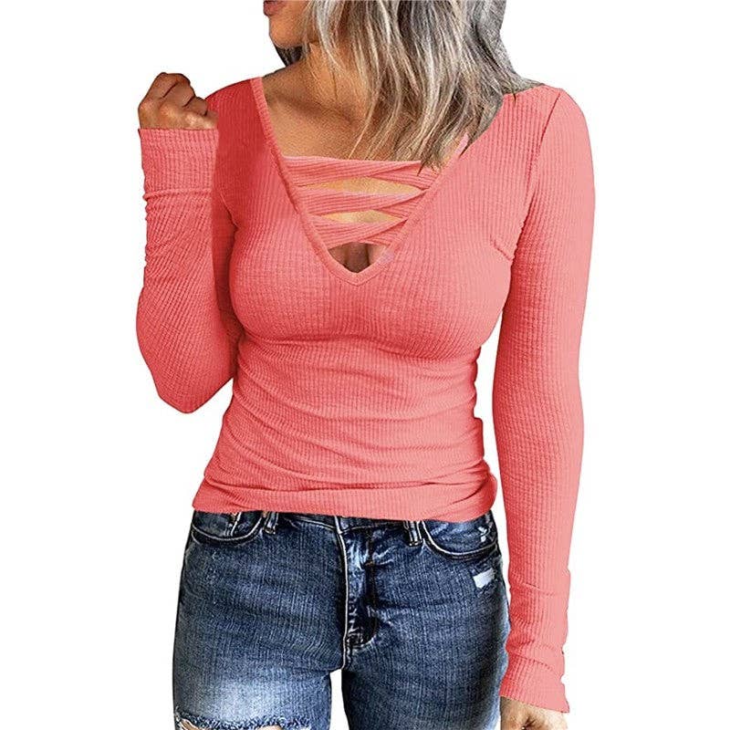kycozy – Großhandel Strickoberteil – Damen – Einfarbiges, hohles, geripptes T-Shirt-Oberteil mit V-Ausschnitt und langen Ärmeln7