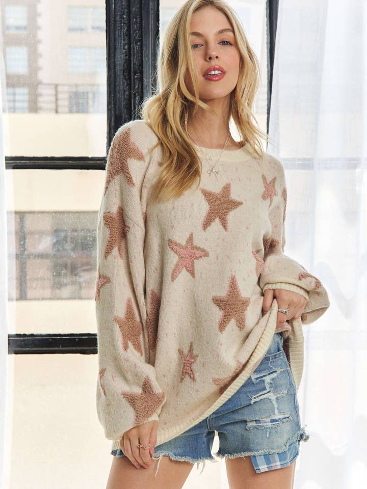 ADORA LA - Wholesale Knit Sweater - Women's - CESW2548 - TEXTURE STAR PATTERN CREW NECK SWEATER2