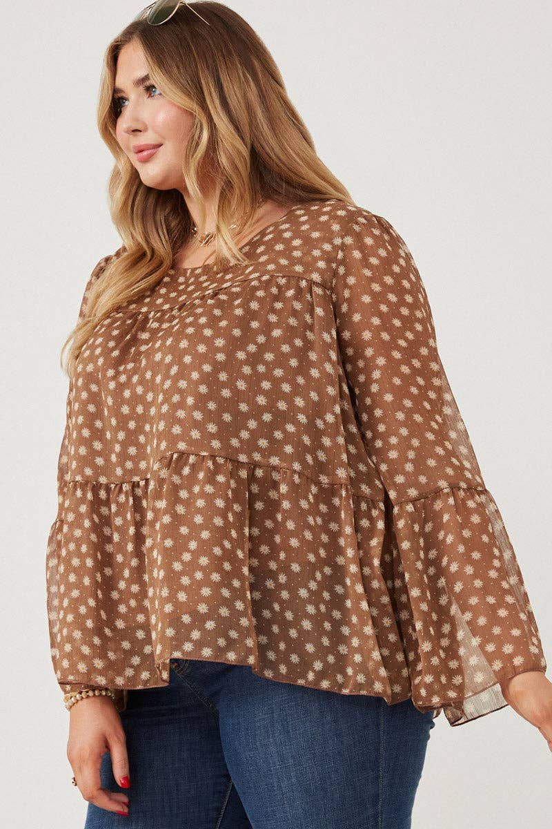 Brown Womens Daisy Print Tiered Chiffon Top for wholesale on Faire7