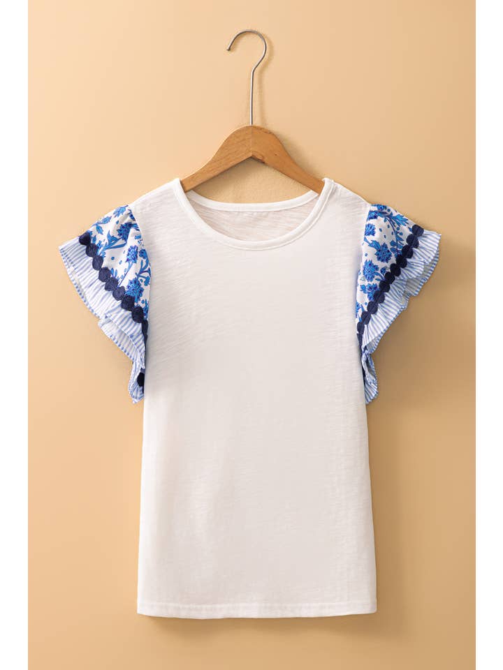 1 the Woman - Wholesale Blouse - Women's - Ricrac Trim Printed Flutter Sleeve Contrast Patchwork Blouse