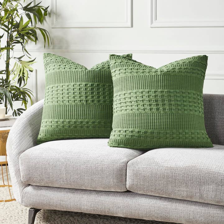 VHC Brands - Wholesale Throw Pillow Cover - Waffle Weave Olive Green Pillow Cover Set of 2 24Lx24W
