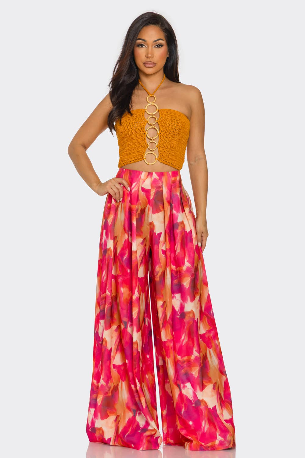 ARANCIONE MULTI HCCTPW633502Pc Top con Collo All'Americana Pantaloni a Gamba Larga Stampati in vendita all'ingrosso su Faire