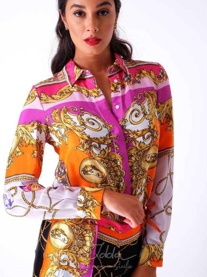 IDDA - Vendita all'ingrosso Camicia button down - Donna - Camicia in crepe de chine di seta - stampa foulard