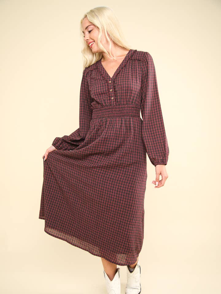 ND31385 Robe midi à carreaux à manches longues et col en V pour la vente par VERY J