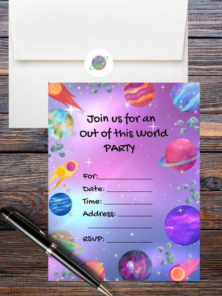 Space Party Invitations comes with Envelopes and Stickers for wholesale by LM Studioz