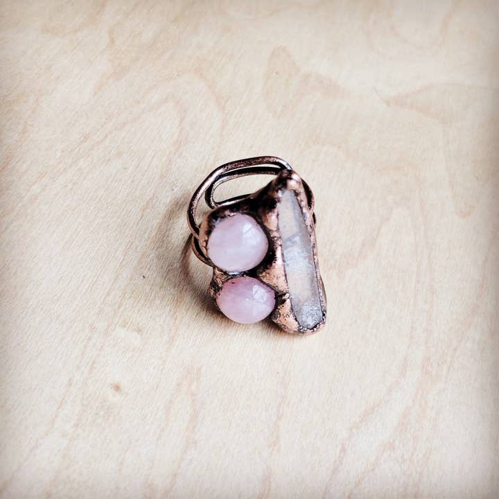 The Jewelry Junkie - Wholesale Cocktail/Statement Ring - Genuine Rose Quartz Ring in a Copper Setting 012ff