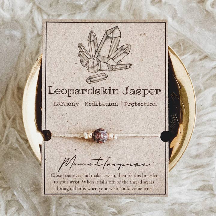 Leopardskin Jasper Crystal Wish Bracelet w/ Hemp & Gold Bead for wholesale by MountInspire Ltd.
