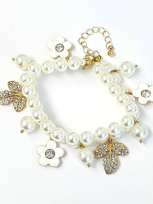 ( G426 ) DUBBELLAAGSE PARELKETTING ARMBAND - BLOEMENBLAD voor wholesale door Jewelry Max