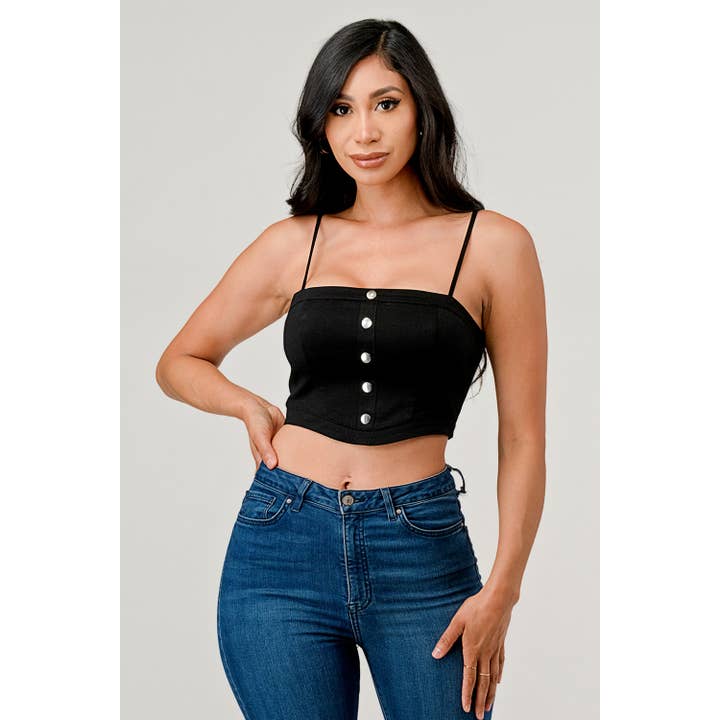 Top court super extensible avec boutons pression décoratifs sur le devant pour la vente par French Kiss