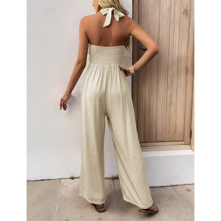 Khaki Casual Slimming Halter Solid Wide-Leg Jumpsuit BFZY1438 for wholesale on Faire