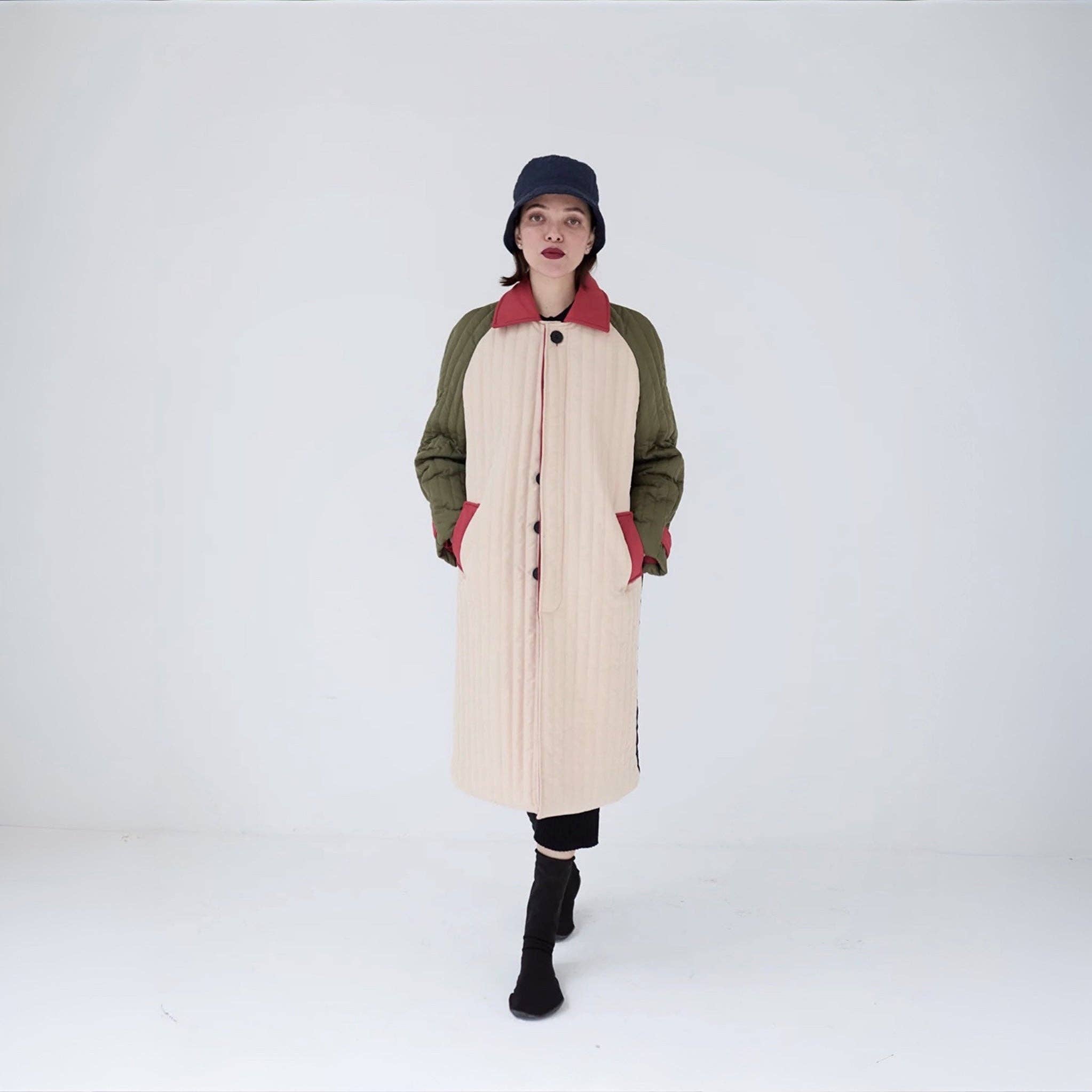 London Atelier Byproduct – wholesale Jacket – Women's – Beige Khaki Patchwork Color Block Quilt Long Jacket2