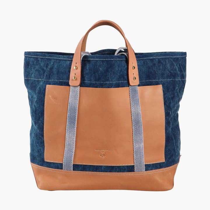 Editor Tote | Indigo + Tan for wholesale by IMMODEST COTTON