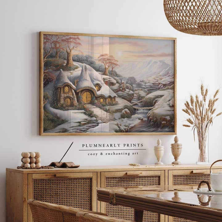 Plumnearly Prints - Wholesale Art Print - Hobbit House Winter Landscape Painting Art Print Poster 2
