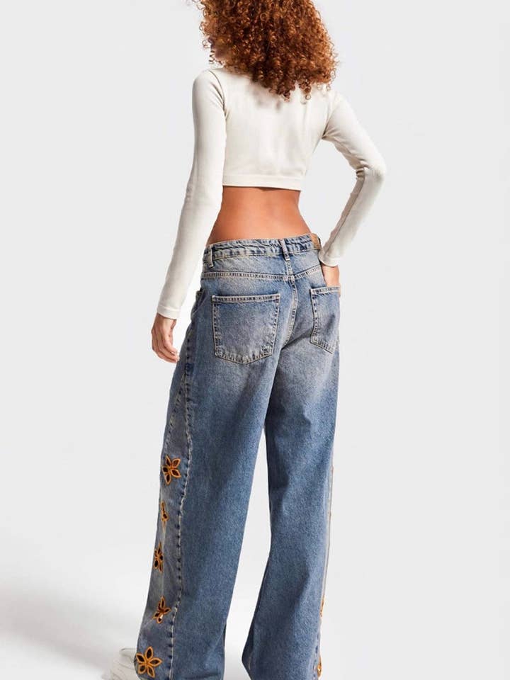 BLUE Floral Detail Wide Leg Jeans for wholesale on Faire4