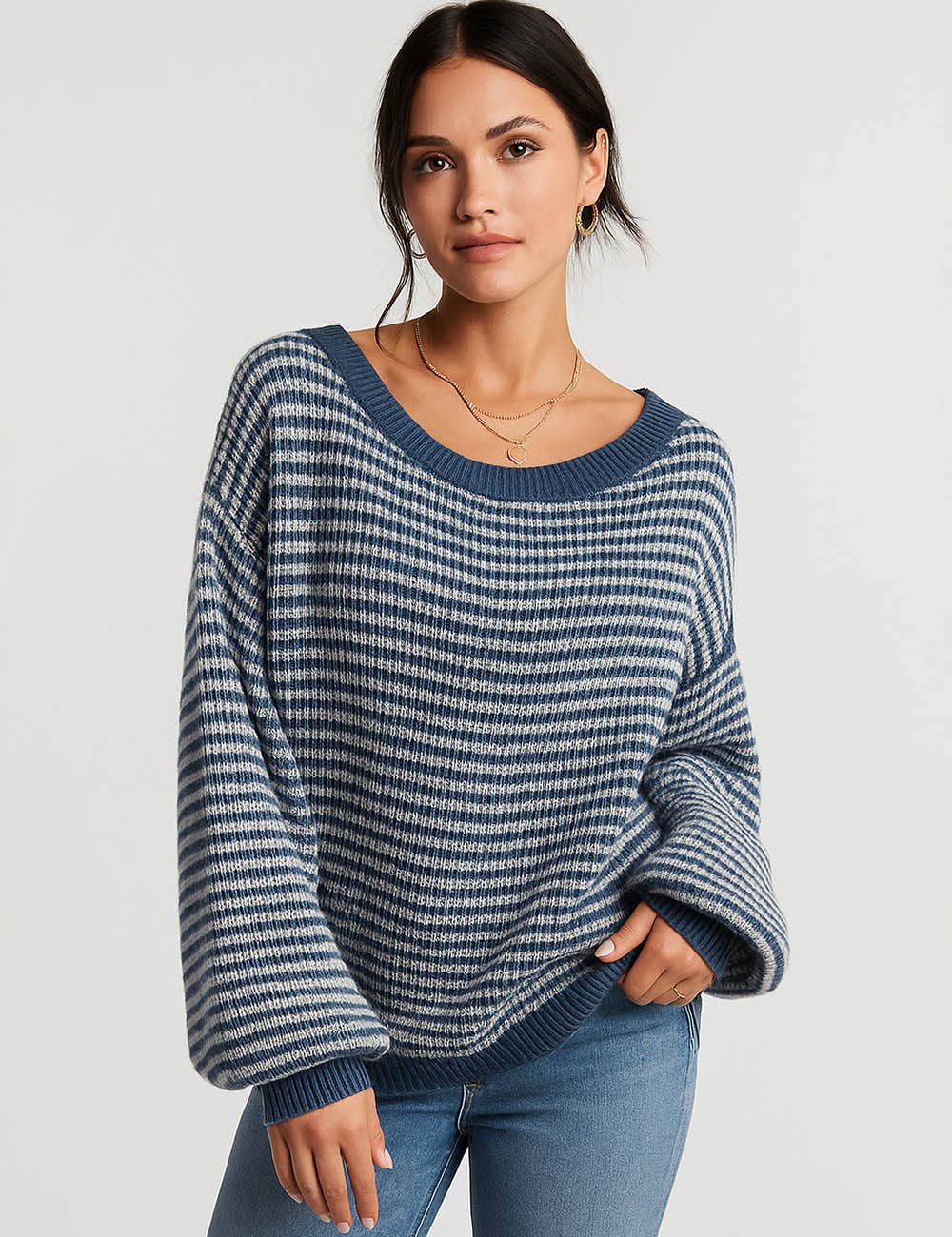 Sweetkama - Wholesale Knit Sweater - Women's - Ladies Striped Pullover Round Neck Lantern Sleeves Knit Sweater13