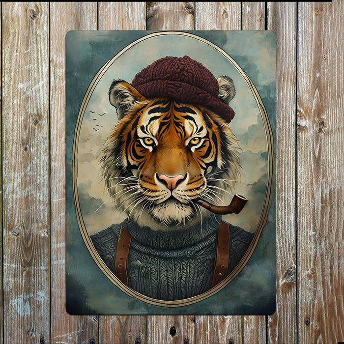 Vintage Tiger In Clothing Pipe & Hat Metal Sign Plaque for wholesale by The British Metal Signs Company