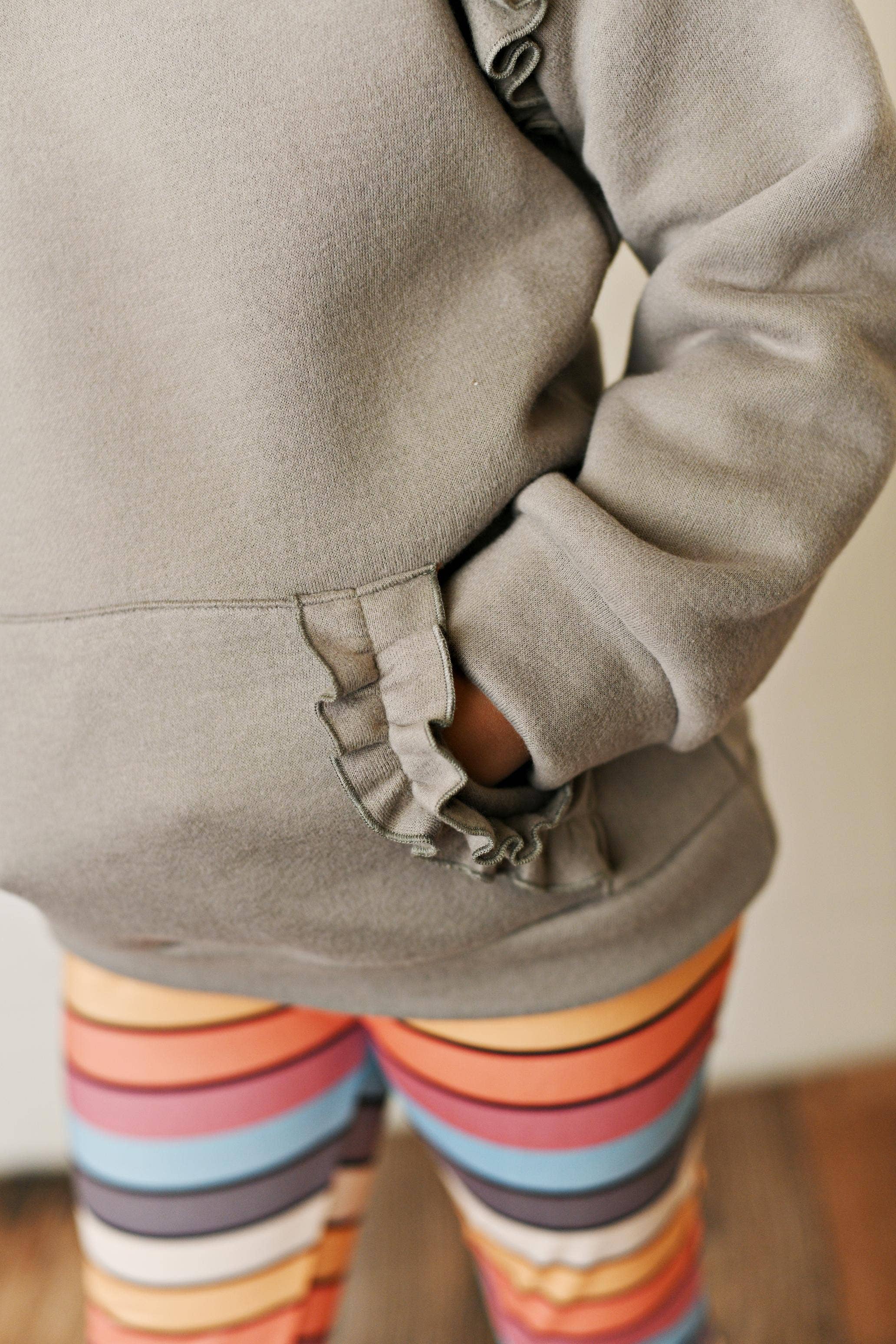 Adorable Sweetness - Wholesale Top & Leggings Set - Kids - Kids Gray Ruffle Hoodie and Rainbow Stripe Leggings Fall Set3