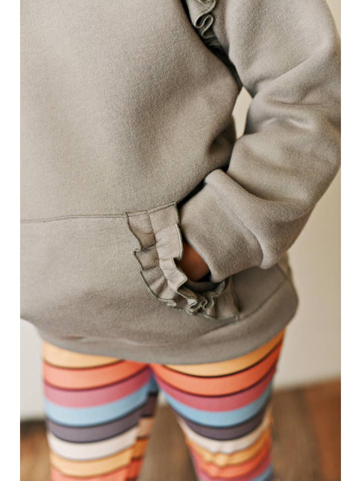 Adorable Sweetness - Wholesale Top & Leggings Set - Kids - Kids Gray Ruffle Hoodie and Rainbow Stripe Leggings Fall Set3