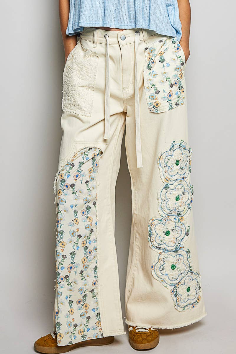 Pol Clothing - Vente Jean – femme - Pantalon en denim à cordon de serrage avec empiècement floral18