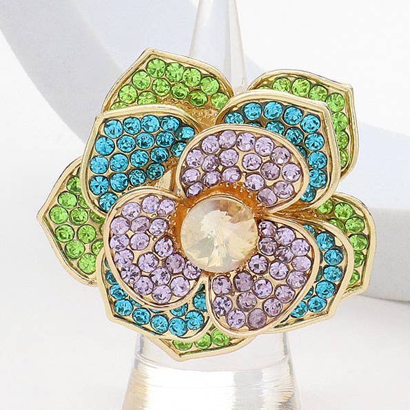 Round Stone Centered Rhinestone Paved Flower Stretch Ring for wholesale by Sensibling Corp.