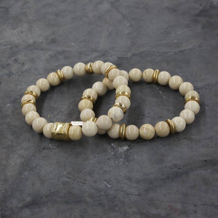 Hvid Beaded Elastisk Armbånd sæt i guld for engroshandel hos Mr. Ettika