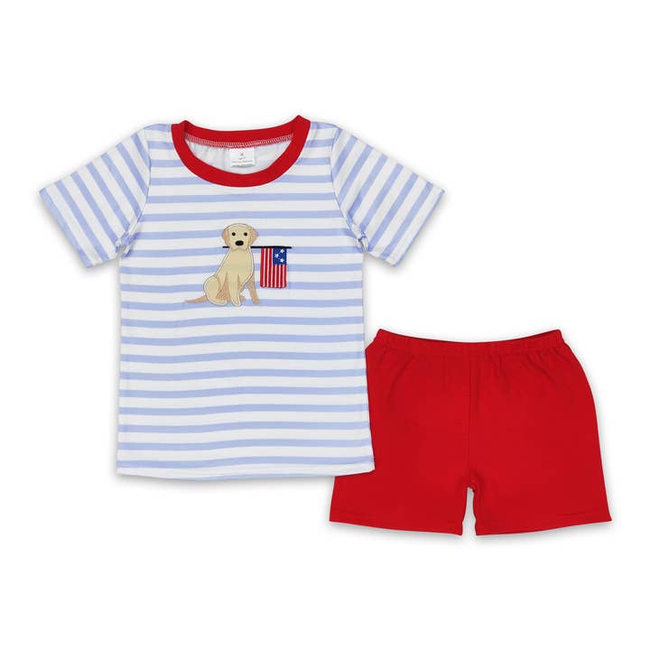 Dog flag stripe shirt red shorts boys 4th of july clothes for wholesale by Yawoo Garments