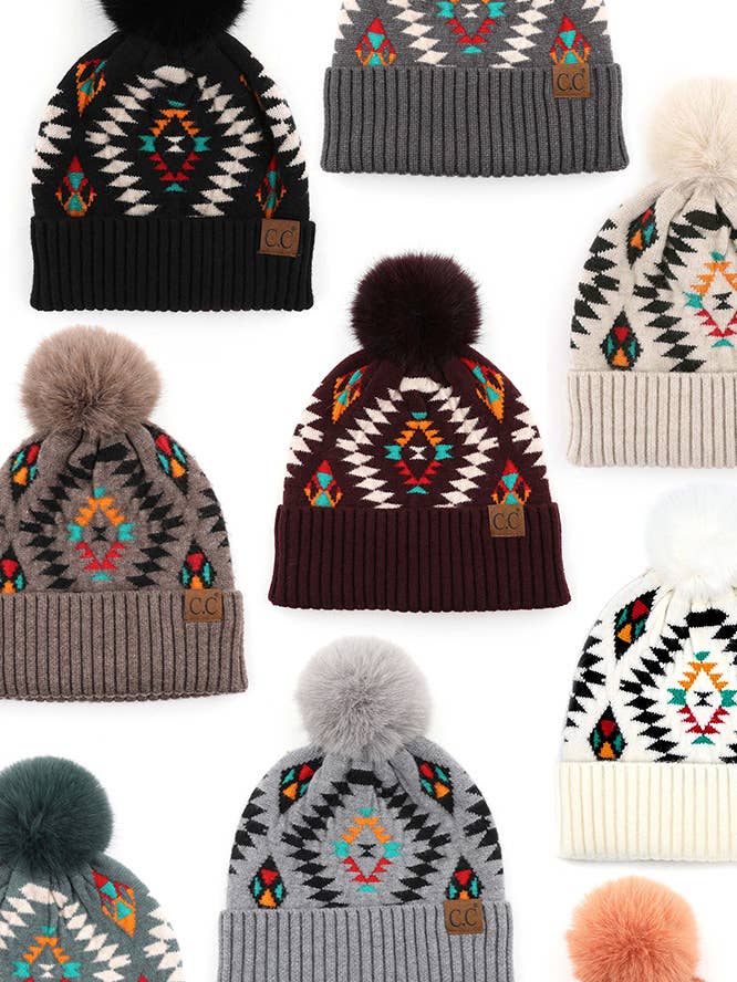 C.C Soft Aztec Pattern Beanie with Faux Fur Pom for wholesale by Hana