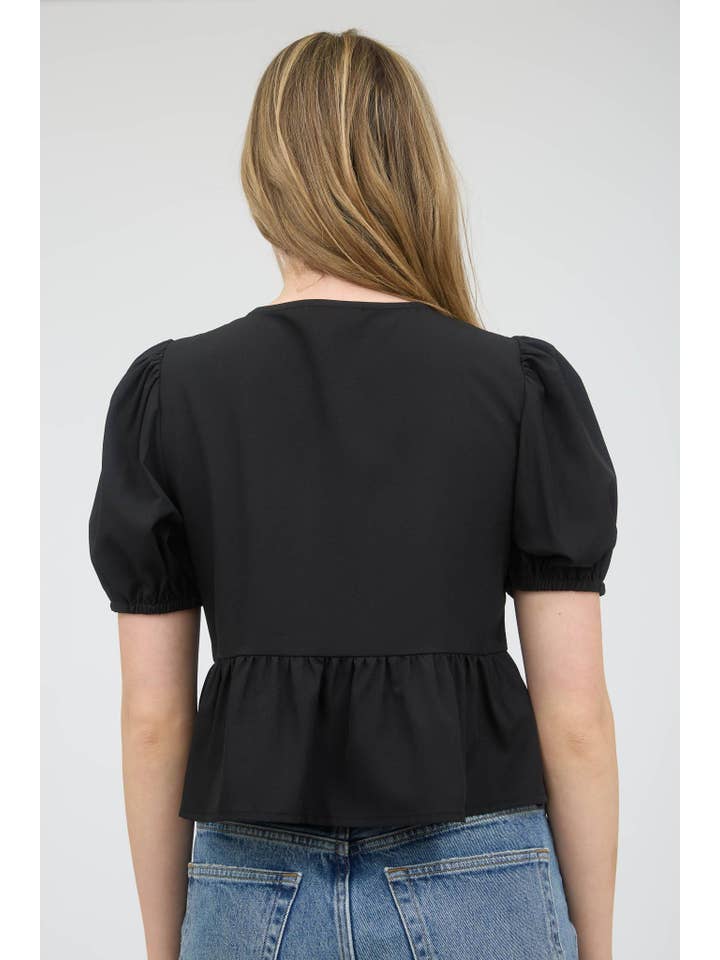 MINE - Wholesale Blouse - Women's - BOW FRONT TIE PUFF SLEEVE WOVEN TOP