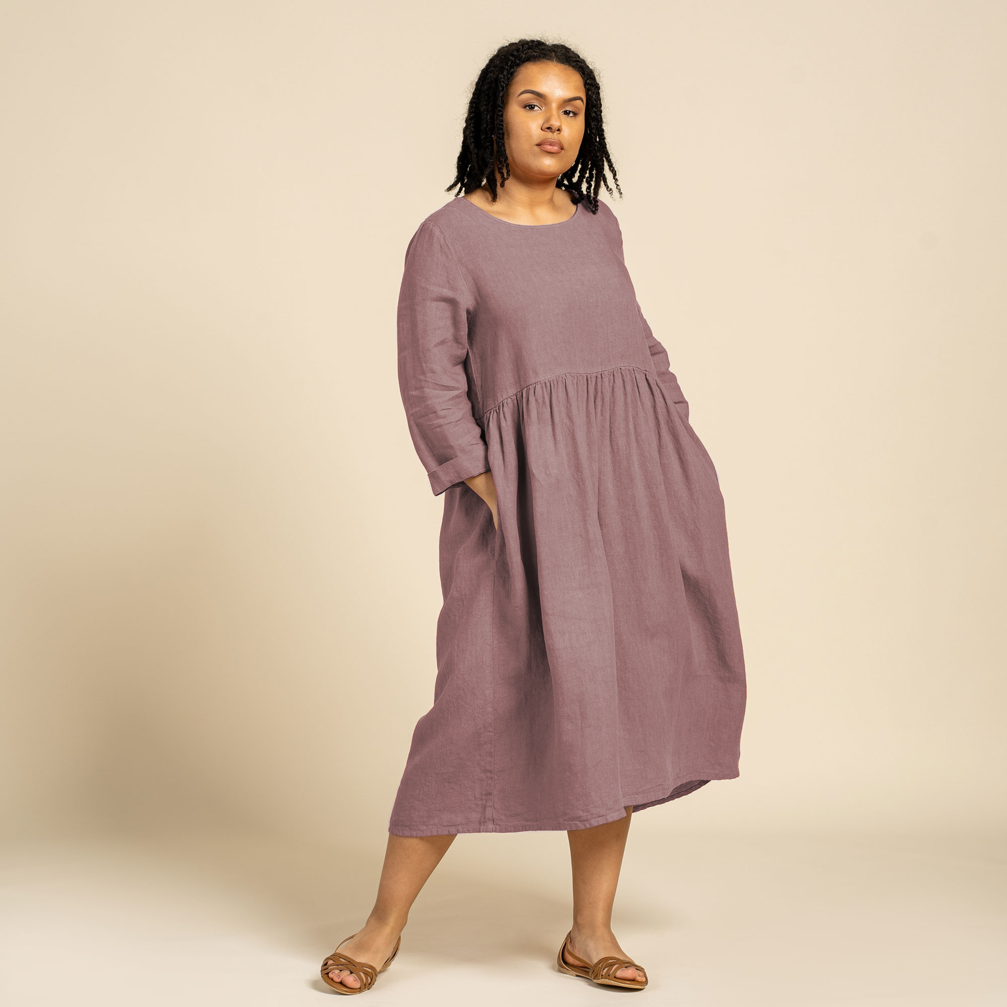 menique - Wholesale Dress - Women's - Natural 100% Linen Smock Dress Lucy - 3/4 Sleeve Dress3