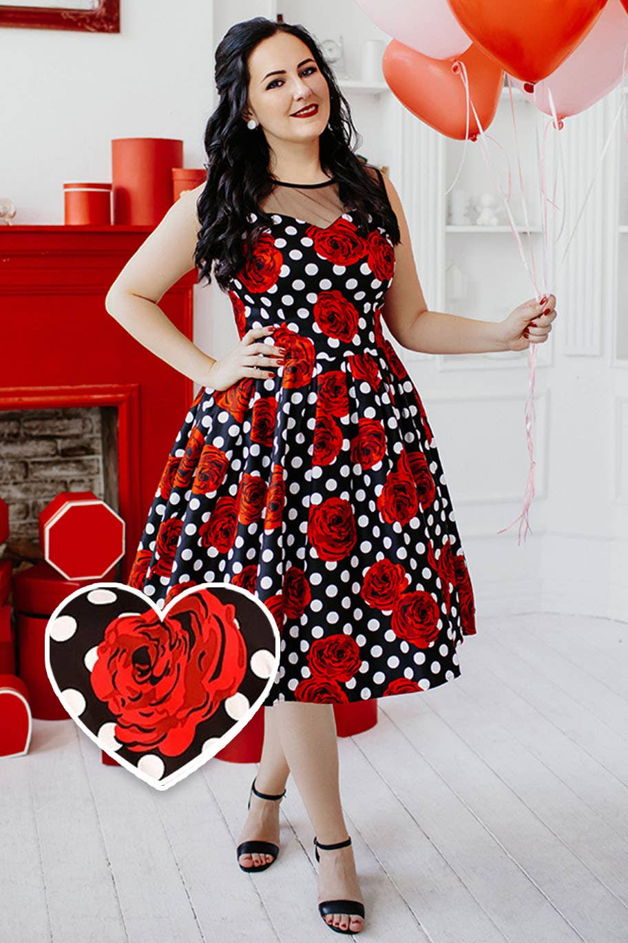 Dolly & Dotty – wholesale Dress – Women's – Elizabeth Vintage Style Polka Roses Party Dress in Black-Red6