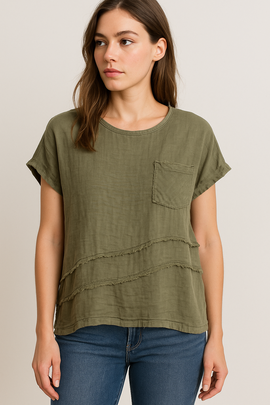 Lucy Sparks – wholesale T-shirt – women's – LINEN FRONT COTTON BACK T-SHIRT WITH CHEST POCKET3