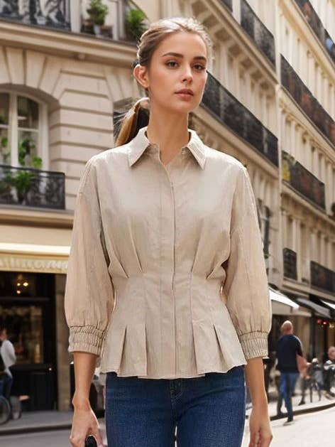 DART DETAIL 3/4 STEEVE BUTTON DOWN BLOUSE for wholesale by VAVA by Joy Han