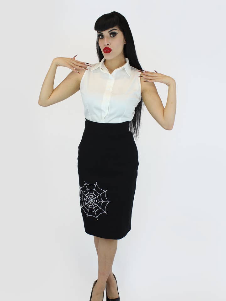 Hemet - Wholesale Skirt - Women's - Spiderweb Embroidered Stretchy Pin Up Black Pencil Skirt
