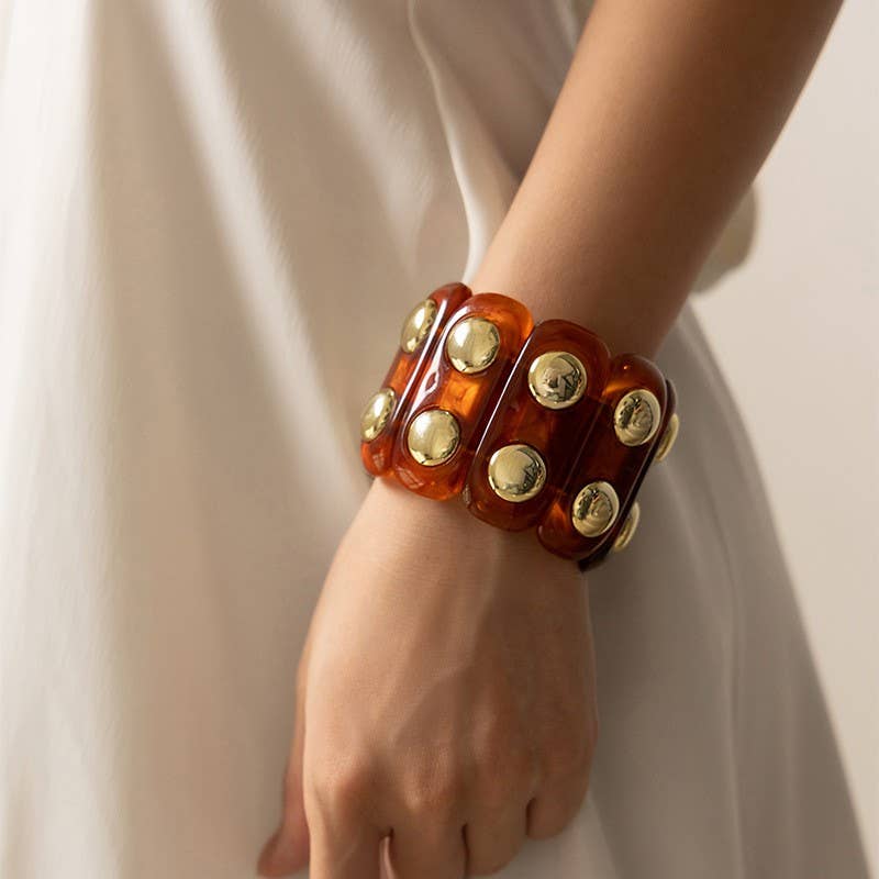 JOSSLYN by wall to wall - Wholesale Beaded Bracelet - Color-Block Gold Acrylic Stretch Cord Bracelet | 40B51949