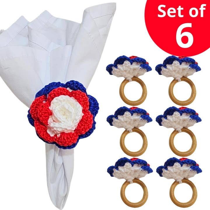 Conjunto Charlo's de 6 Anéis de Guardanapo de Crochet Rosebud de Crochet Patriot por atacado de Maison Charlo