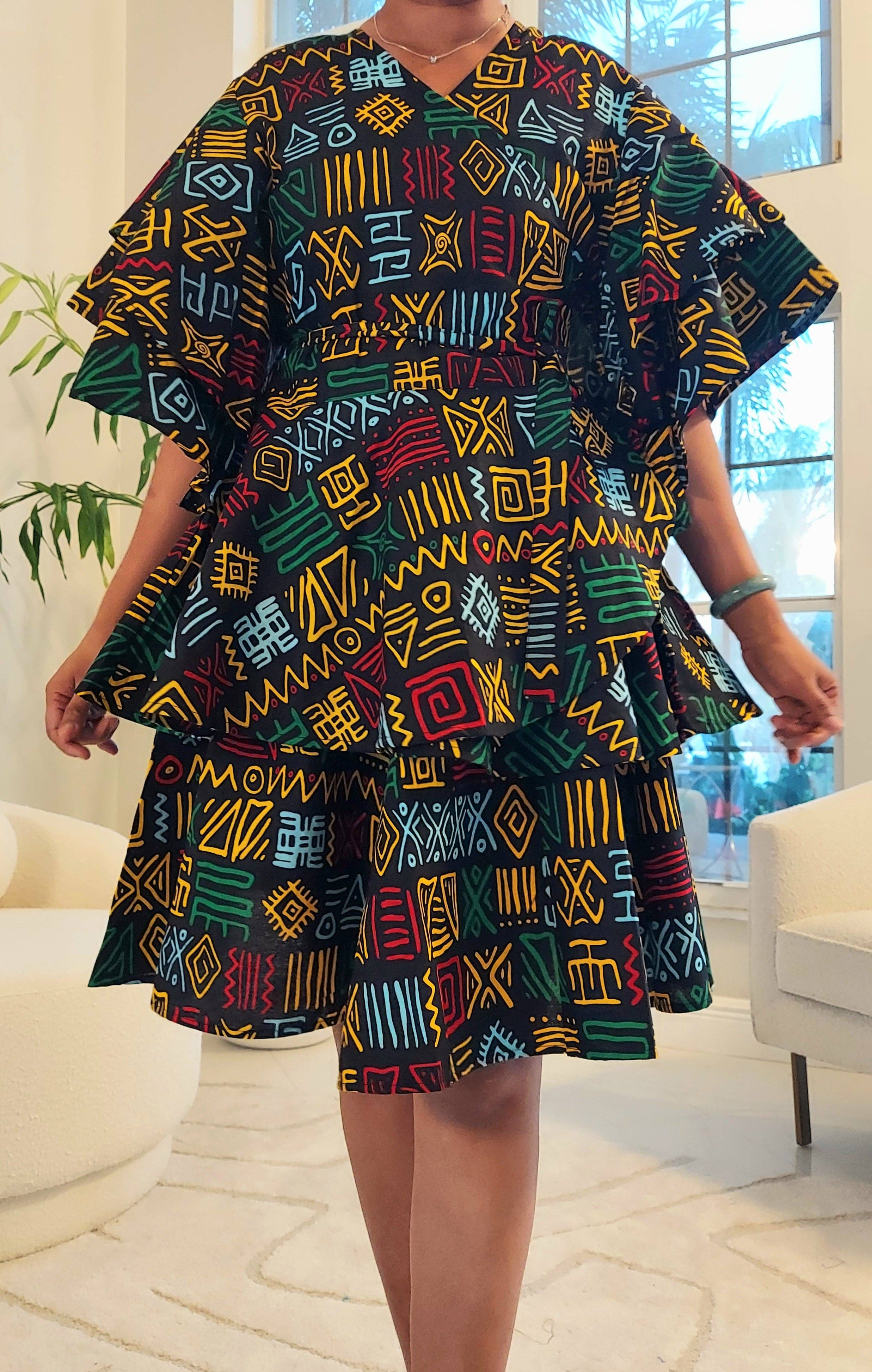 India Batik – wholesale Set med topp och kjol - Dam – Omlottblus & Kjol-Svart/Rasta9