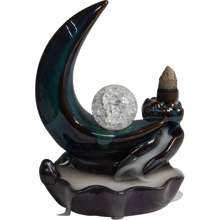 Ceramic Backflow Incense Burner - Crescent Moon w/ Sphere for wholesale by Kheops International