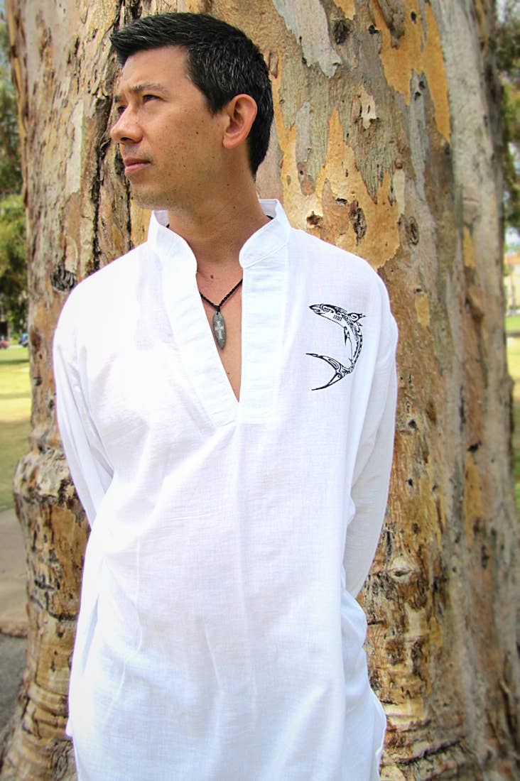 Atlas Goods By Your Needs Company - Wholesale T-Shirt - Men's - MEN'S SHIRT WHITE CHINESE COLLAR CELTIC SHARK EMBROIDERY2