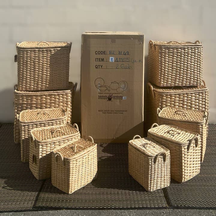 Baskets of Cambodia - Wholesale Laundry Hamper - Rectangle Rattan Basket Hamper w/ Lids & Handles 5 Size Set