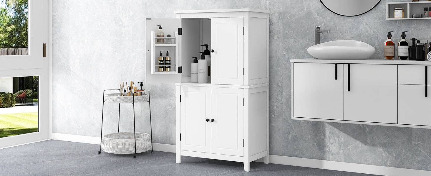 Orange County Decor - Wholesale Cabinet - Elegant Bathroom Floor Storage Cabinet, Bathroom Storage Unit, Freestanding Cabinet With 4 Doors, Adjustable Shelves, Adaptable Shelves, White White Mdf1