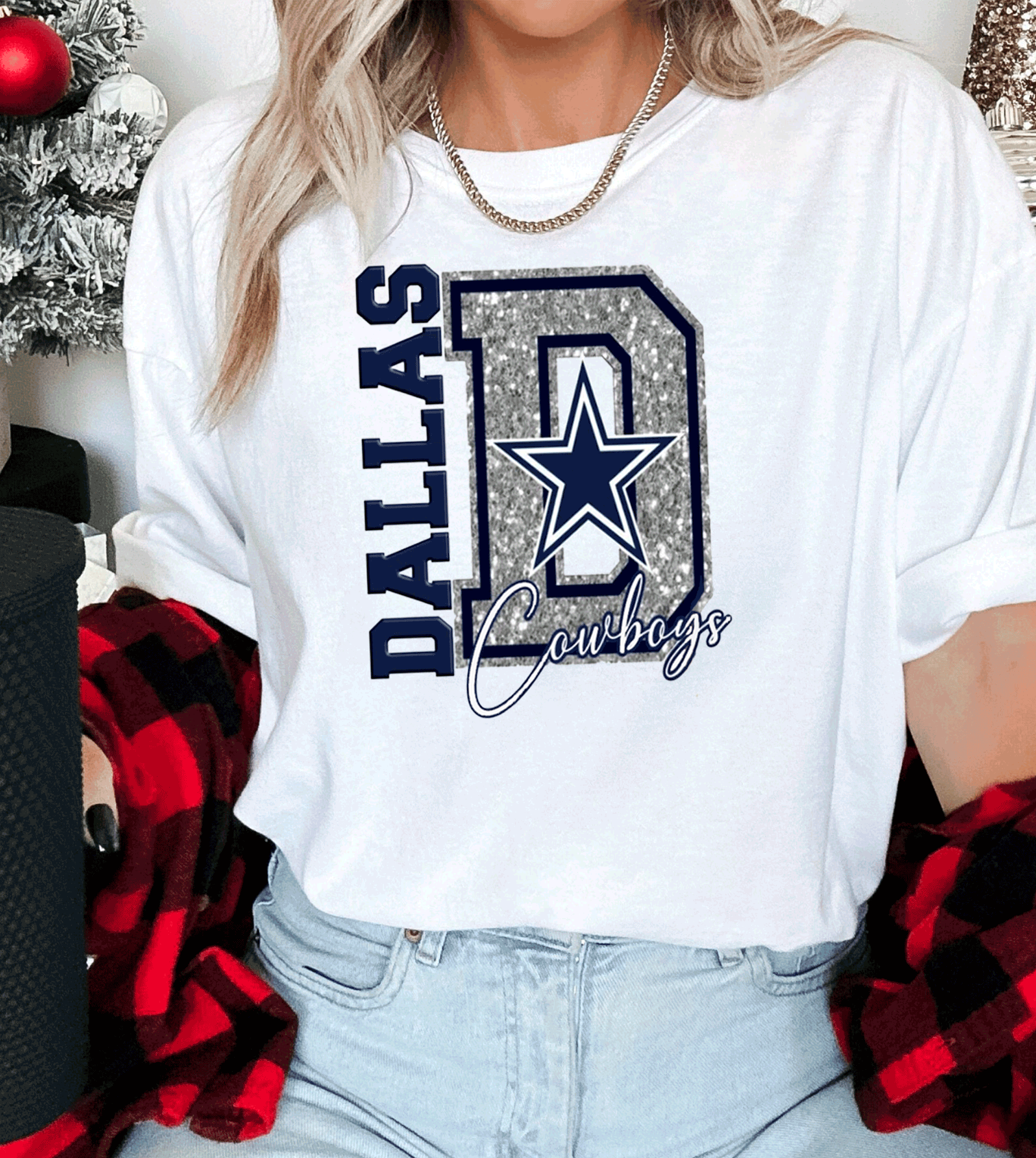 A Blessed Texas Mess Boutique - Wholesale T-Shirt (Graphic) - Women's - Cowboys Football Spirit Wear Faux Glitter America Team3