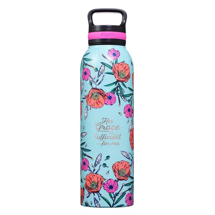 His Grace Stainless Steel Water Bottle - 2 Corinthians 12:9 for wholesale by Christian Art Gifts