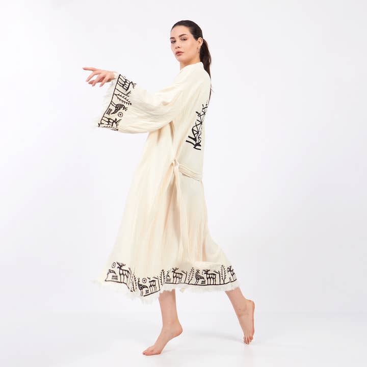 Yaz Concepts - Vente Kimono – femme - Peignoir kimono blanc en coton à motif primitif biologique turc5