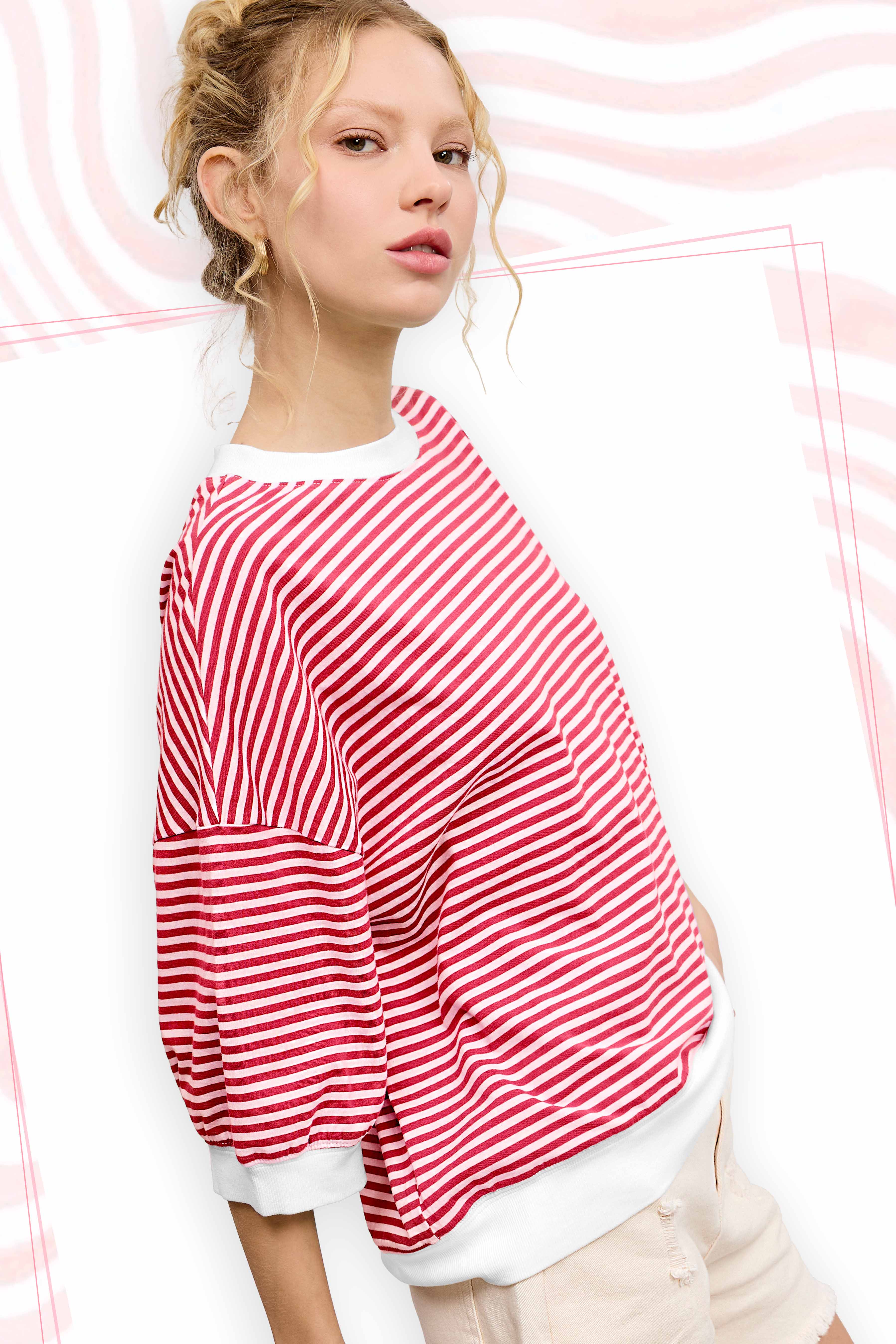 La Miel – Engroshandel Strikket top - Dame – MCT7688-løs pasform Stribet kortærmet top med rund halsudskæring17