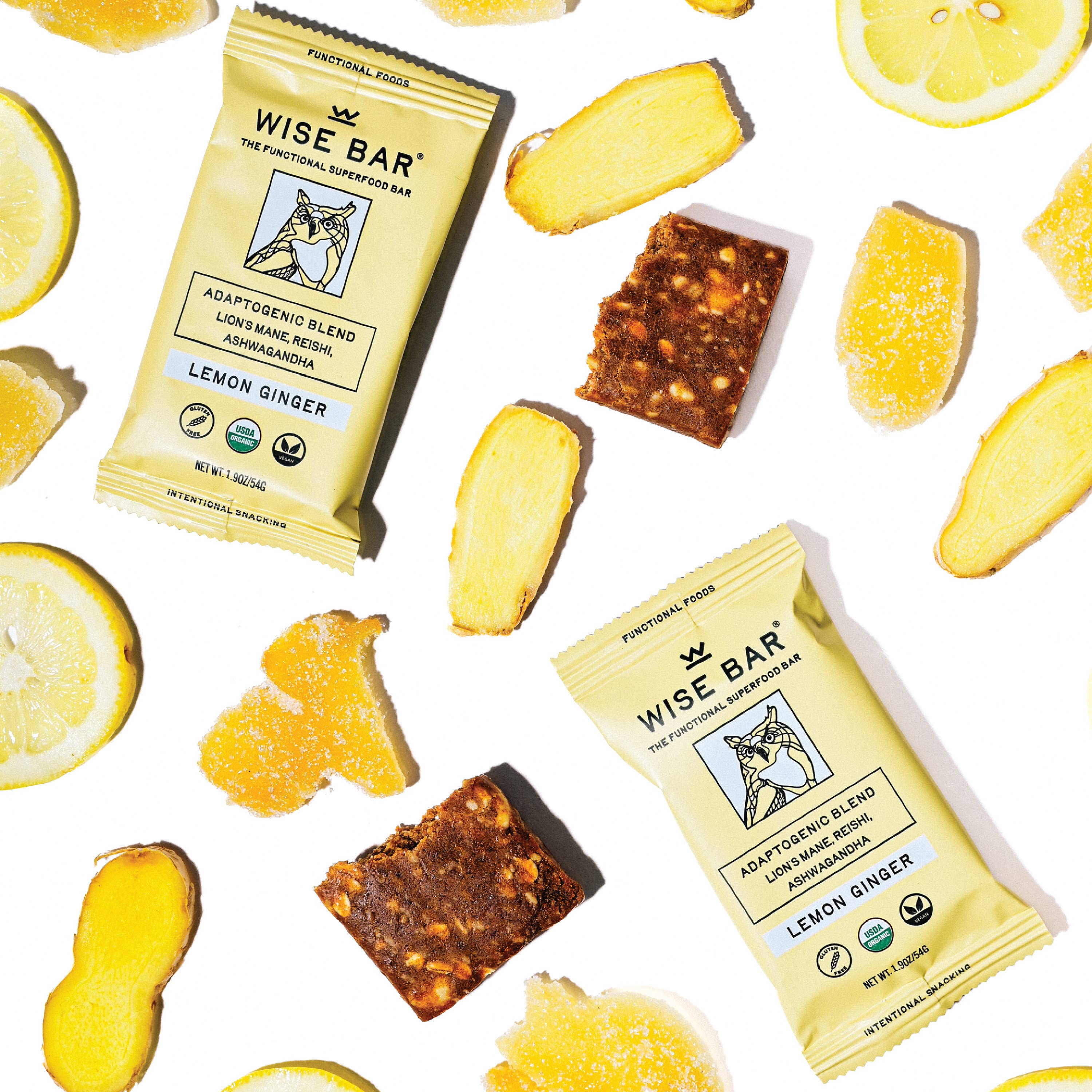 Wise Bar - Wholesale Snack Bar - Lemon Ginger Adaptogen Mushroom Nutrition Bar (12 Bars)6